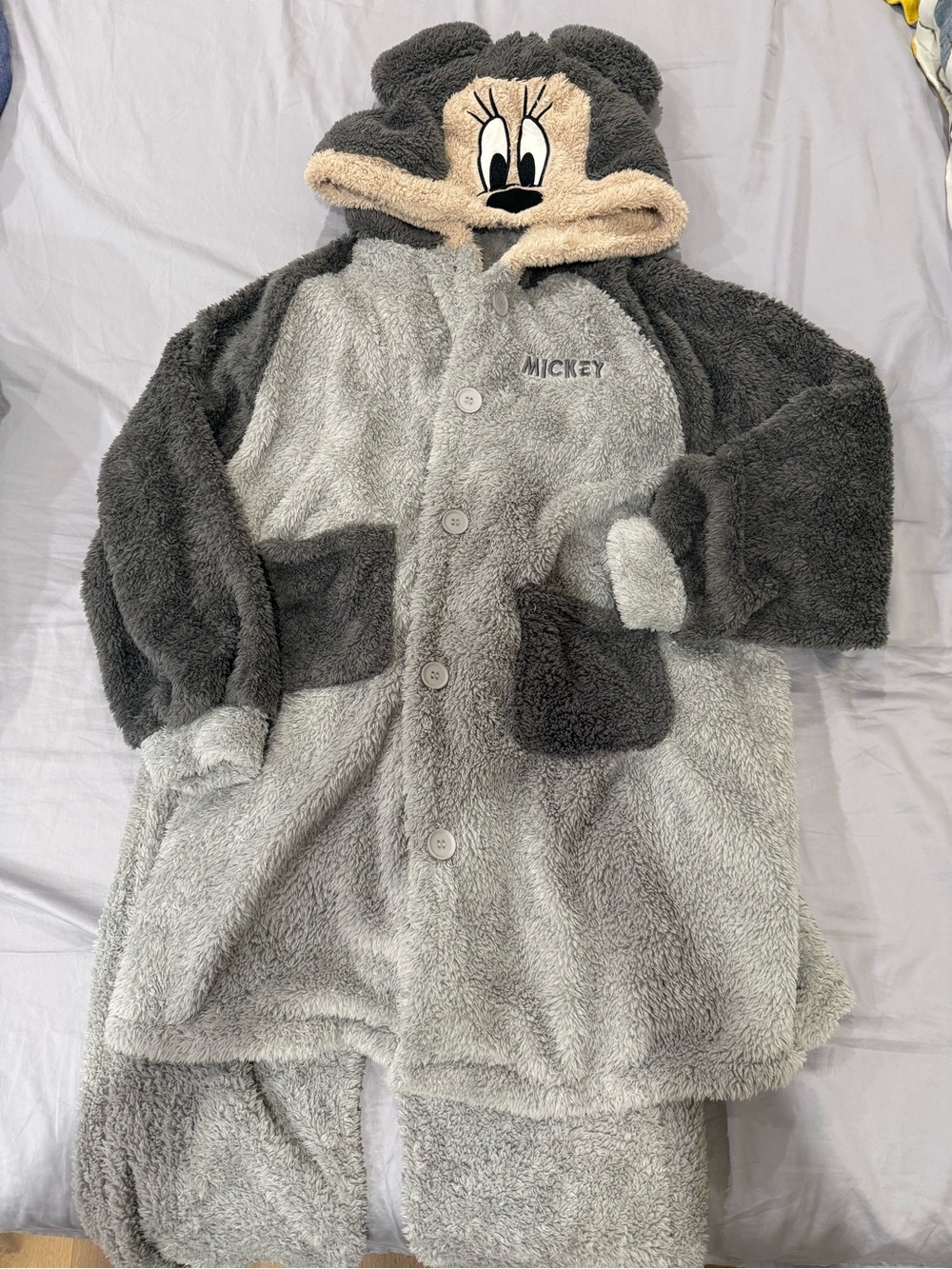 Mickey Plush Hooded Loungewear Set in Gray and Charcoal